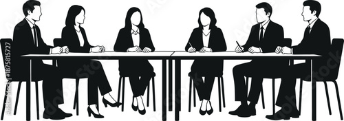 Business professionals in a meeting around a conference table in a black and white illustration