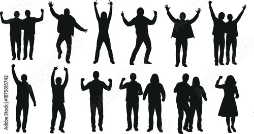 Collection of black silhouettes of people celebrating with raised arms