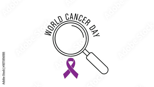 World Cancer Day awareness symbol with purple ribbon and magnifying glass
