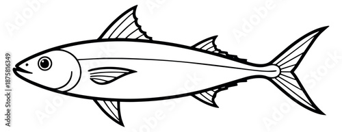 Hand drawn line art illustration of a tuna fish depicting a marine animal for seafood concepts