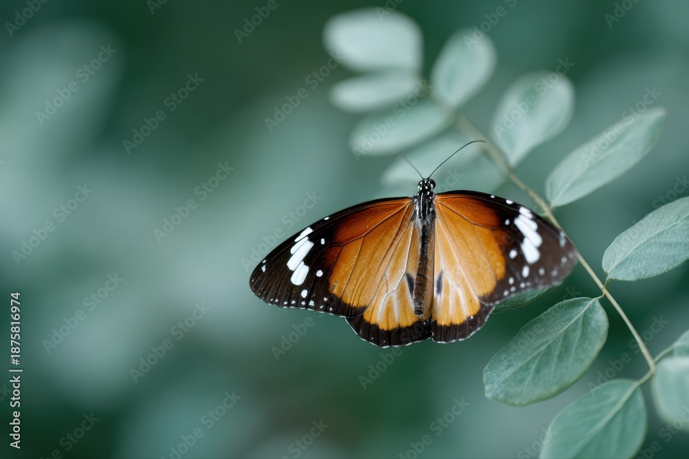 Fototapeta premium common tiger butterfly resting on green leaves, nature and wildlife macro concept