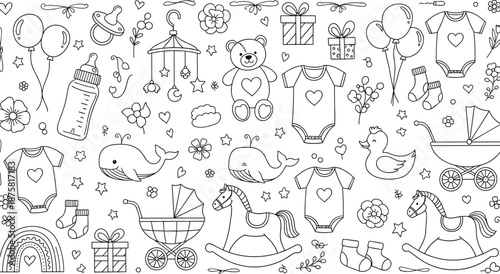 Cute Baby Shower Doodle Line Art Collection Featuring Toys, Clothes, Gifts and Nursery Elements for Coloring Pages, Invitations, Scrapbooking and Stock Illustration