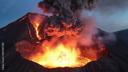 Volcanic eruption with lava and smoke explosion in a dramatic natural disaster scene