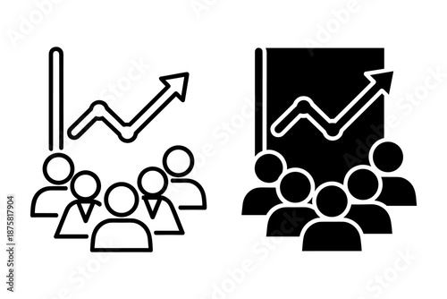 Black and white line of people observing a rising graph on a board line people group audience