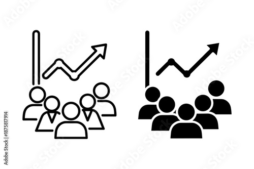 Black and white line of two groups of people with upward trending graphs above them line black and white