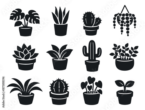 Modern silhouette houseplant set featuring tropical plants, succulents, and cacti for home decor and gardening applications