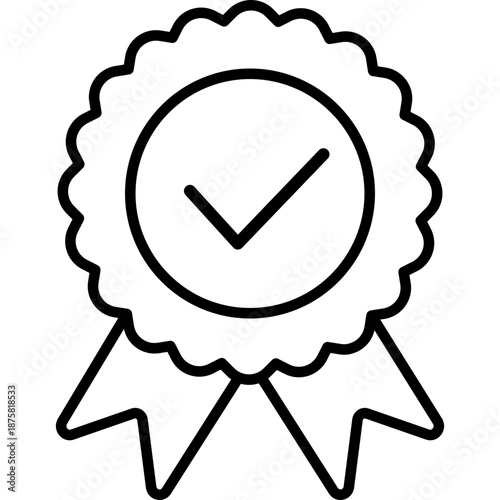 Award badge icon featuring quality ribbon and check tick. Professional medal stamp design for certificate verification, premium product seal and warranty symbol isolated.