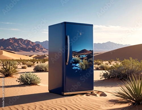 Blue refrigerator standing alone in desert landscape with mountains in the background, under bright blue sky