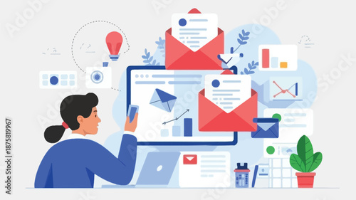 Woman using laptop with email and data visualization on screen