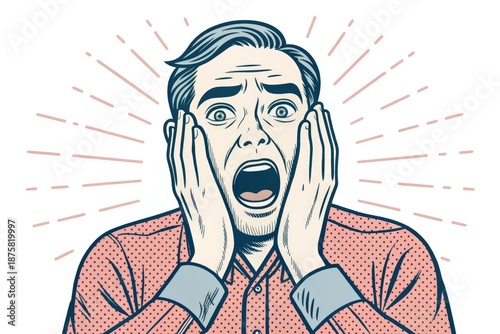 Man Shows Surprise With Open Mouth and Raised Hands in a Simple Style
