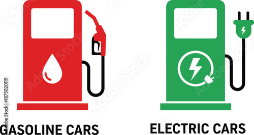 Gasoline versus electric cars charging station comparison illustration, fuel pump and EV charger icons isolated on white background for energy, transportation, and sustainability concepts