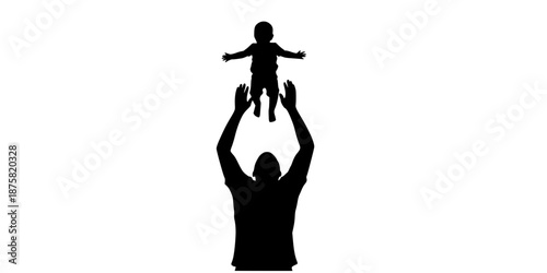 Minimalist Father Silhouette Lifting Child Air Joyful Moment Vector Black White Illustration Playful Interaction Celebration Fatherhood Dad Kid Fun Simple Design Graphic Resource Happy
