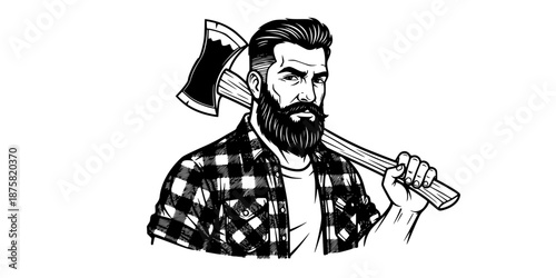 Bearded Lumberjack Dad Axe Flannel Shirt Rugged Masculine Vector Black White Illustration Outdoor Woodsman Father Aesthetic Strong Man Design Graphic Resource Hipster Contemporary Style