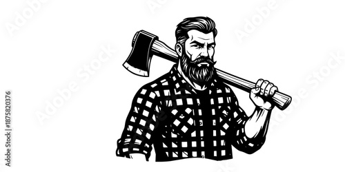 Bearded Lumberjack Dad Axe Flannel Shirt Rugged Masculine Vector Black White Illustration Outdoor Woodsman Father Aesthetic Strong Man Design Graphic Resource Hipster Contemporary Style
