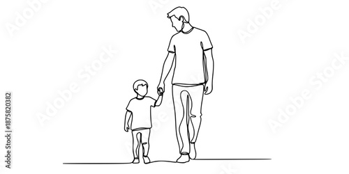 Father Child Holding Hands Walking Together Continuous Line Art Minimalist Black White Vector Illustration Family Bond Parent Kid Silhouette Simple Modern Design Graphic Resource