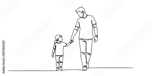 Father Child Holding Hands Walking Together Continuous Line Art Minimalist Black White Vector Illustration Family Bond Parent Kid Silhouette Simple Modern Design Graphic Resource