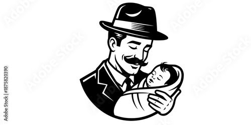 Vintage Retro Dad Mustache Hat Holding Baby 1950s Style Bold Black Line Art Vector Illustration Nostalgic Father Figure Classic Parent Design Graphic Resource White Background