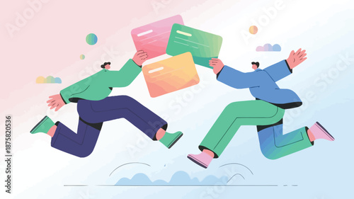 Two business people jumping with colorful credit cards in modern illustration