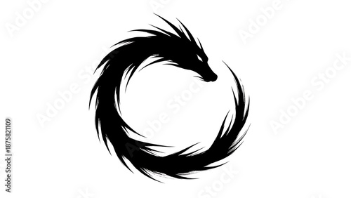 Black silhouette of a dragon forming a circle against a white backdrop