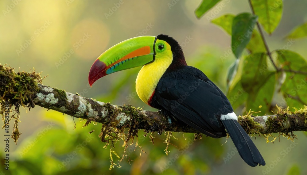 Fototapeta premium Keel billed toucan with a colorful beak and bright yellow chest sits on a mossy branch in a blurred tropical forest setting