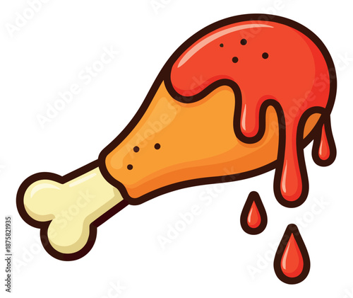 Cartoon illustration of chicken drumstick depicting dripping spicy sauce for fast food marketing