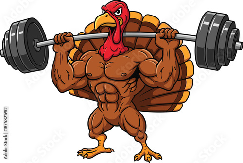Muscular turkey cartoon illustration lifting heavy barbell weights, funny bodybuilding bird character isolated on white background for fitness, gym, humor, and mascot design