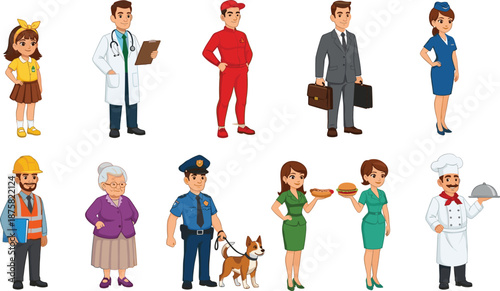 Cartoon people characters representing various professions and jobs, colorful flat illustration of workers, careers, and occupational diversity isolated on white background design set
