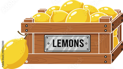 Fresh lemons in wooden crate illustration with labeled box, ripe yellow citrus fruits isolated on white background for food, agriculture, market, and healthy nutrition concepts