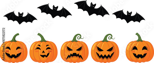 Cute Halloween pumpkin faces and flying bat illustrations set, smiling and scary jack o lantern characters isolated on white background for spooky holiday design