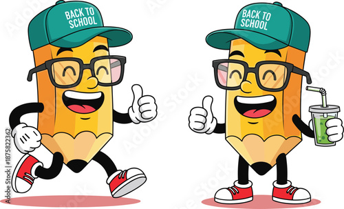 Cute back to school pencil cartoon characters wearing glasses and caps, smiling student mascots giving thumbs up, isolated on white background for education design