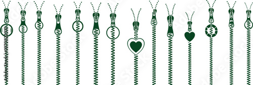 Green zipper silhouette collection with decorative heart and ring pull designs, modern fashion fastener illustration isolated on white background for sewing, apparel, and textile concepts