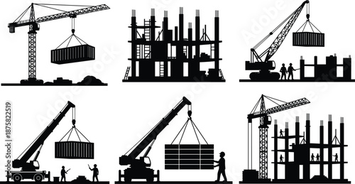 Construction site silhouettes with cranes lifting containers and steel structures, showcasing building development, heavy machinery operations and 