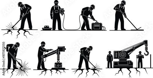 Construction workers silhouettes performing road repair, drilling, welding and heavy machinery operations, industrial labor concept illustration 