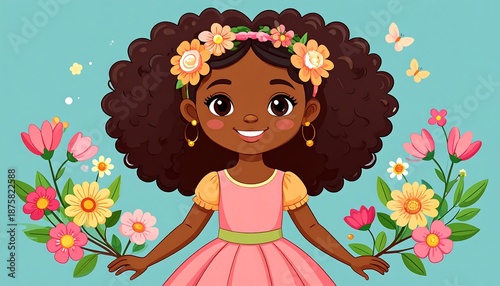 Cartoon girl smiles adorned with flowers, against a blue background with butterflies and vibrant floral embellishments