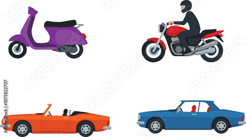 Flat vector vehicles set featuring scooter motorcycle and cars, modern transportation illustrations isolated on white background for travel mobility automotive design projects stock use