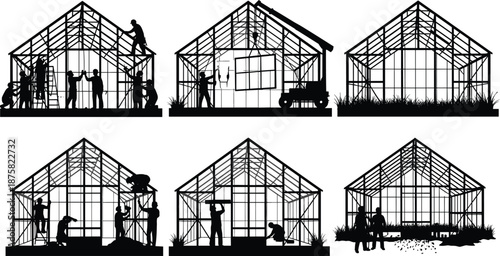 Greenhouse construction process silhouettes showing workers building, glazing, framing, planting, and finishing modern garden greenhouse structure from assembly to completed agricultural growing space