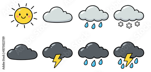 Cute hand drawn line art weather icons set featuring sun, clouds, rain, snow, and lightning for weather forecasts and children's designs