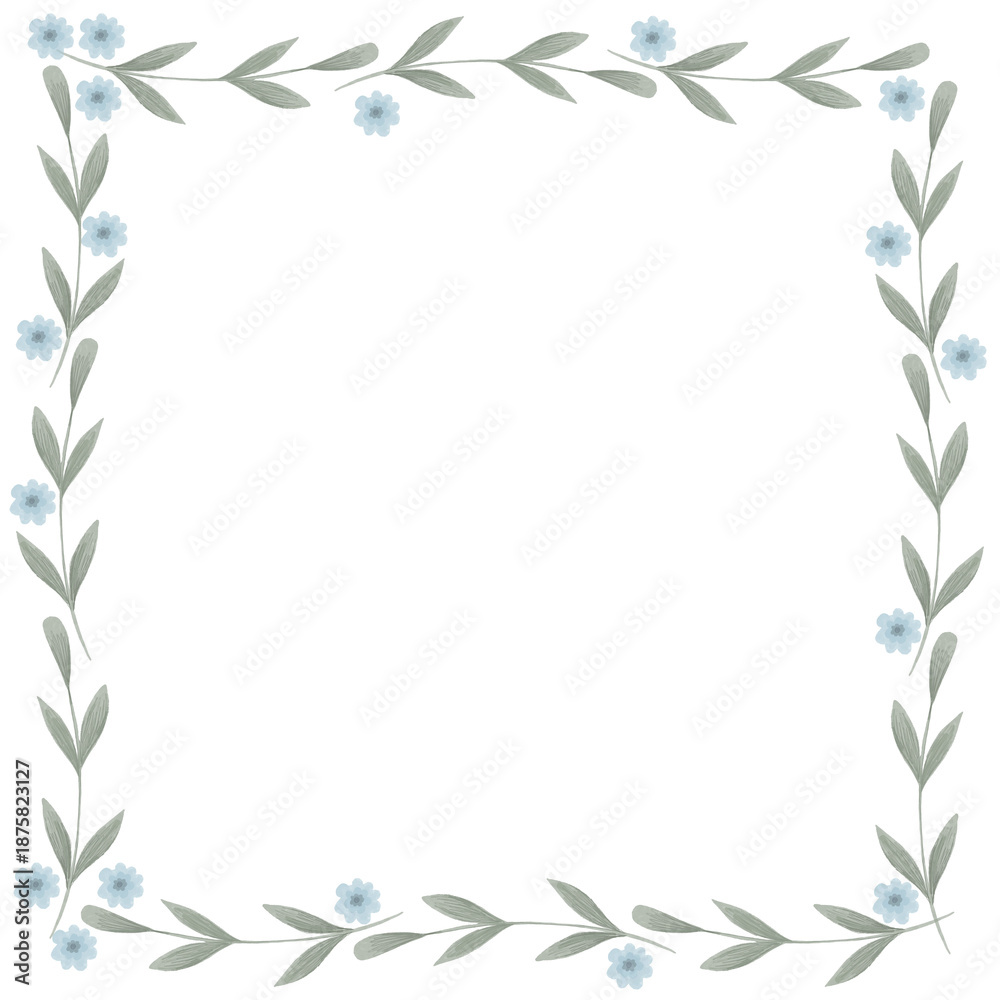 Obraz premium Square botanical frame with green leaves and small blue flowers on white background