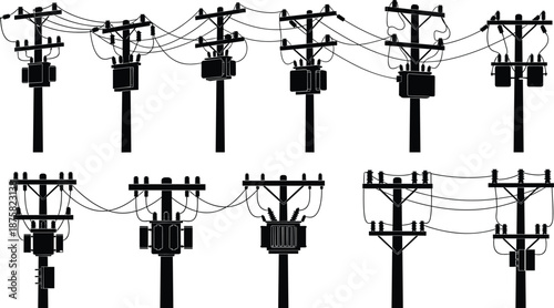 Power line and utility pole silhouette collection showing electrical transmission wires infrastructure isolated on white background for energy grid and industrial design illustration