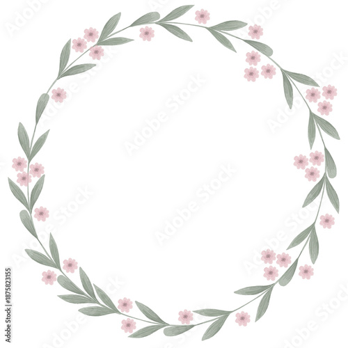 Round floral wreath frame with small pink flowers and long green leaves on white background