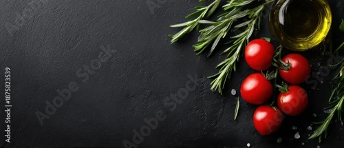 Obraz  z motywem olive oil, tomatoes and herbs border on black slate background, food banner layout
