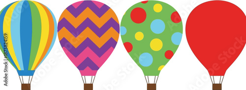 Four colorful hot air balloons in a row, each with a unique playful pattern against a white background.