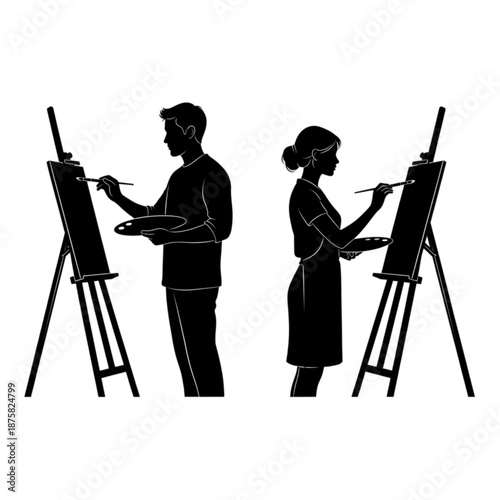 Man and woman painting on easel Isolated On Transparent Background.