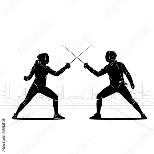 Two fencers in fencing stance fighting Isolated On Transparent Background.
