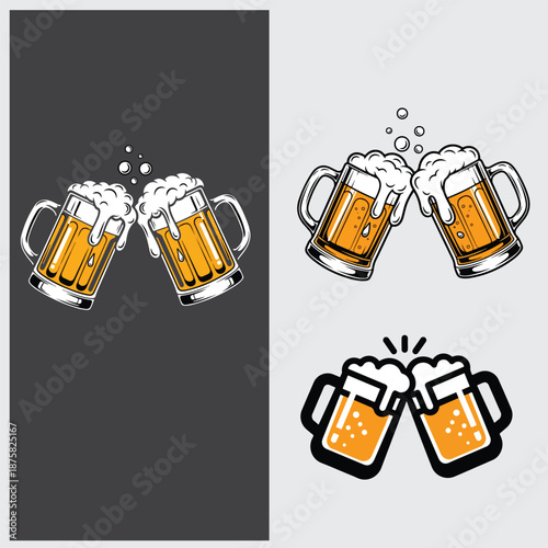 Three different illustrations of beer mugs clinking together. The mugs are depicted in various artistic styles, each filled with frothy beer, symbolizing celebration and camaraderie.