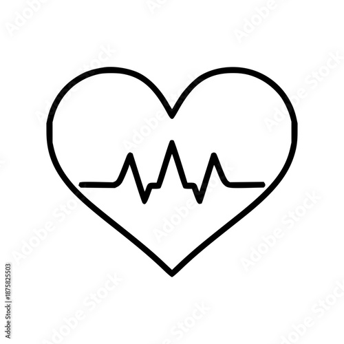 Minimalist black outline icon depicting a healthy heart with an active heartbeat pulse, symbolizing medical health, vital signs monitoring, and cardiology for digital applications and wellness designs