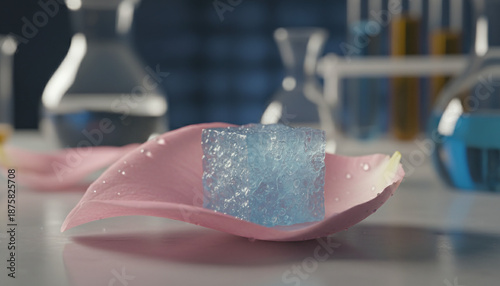 Blue translucent aerogel material on flower petal showing lightness