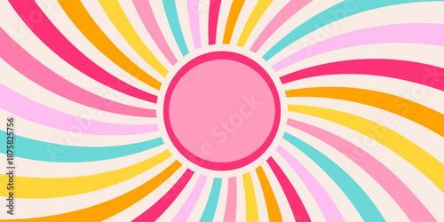 Groovy swirl starburst sun background with bold wavy rays in red, pink, and orange. Retro psychedelic abstract design and summer vibes. Perfect for posters, prints, and wallpaper. Vector illustration.