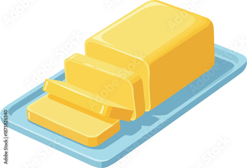 A vibrant yellow stick of butter partially sliced and served on a light blue tray