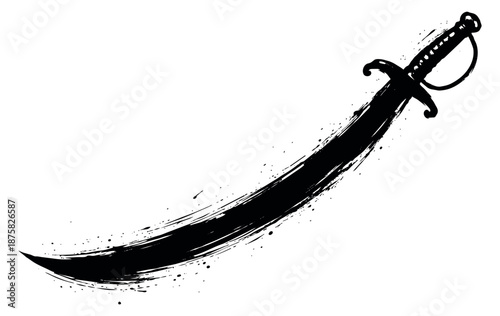 Hand drawn illustration of a pirate sword depicting a grunge ink brush stroke for adventure themes